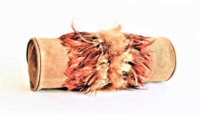 Rustic Leather Suede Bolster Cushion with Boa